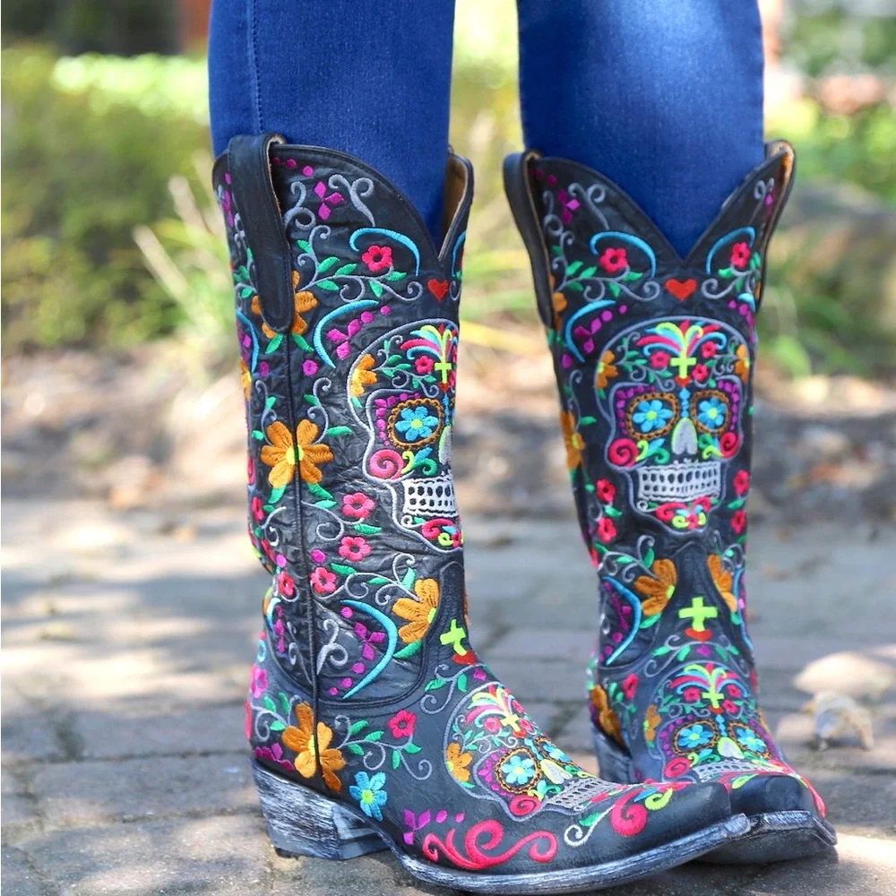 Old Gringo Sugar Skull and Flower Embroidered Western Boots - Picture 1 of 7